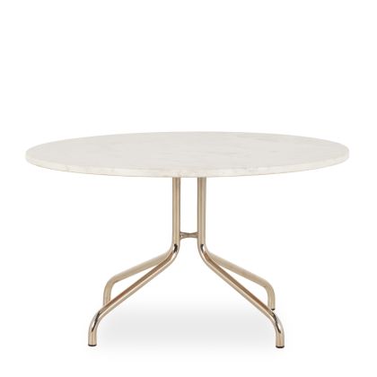 Mesa de centro redonda diseño moderno con sobre de mármol blanco y patas de hierro niquelado.