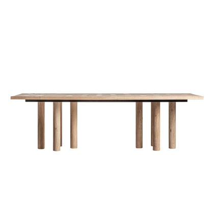 Mesa de comedor en madera de mango y travertino marrón claro.