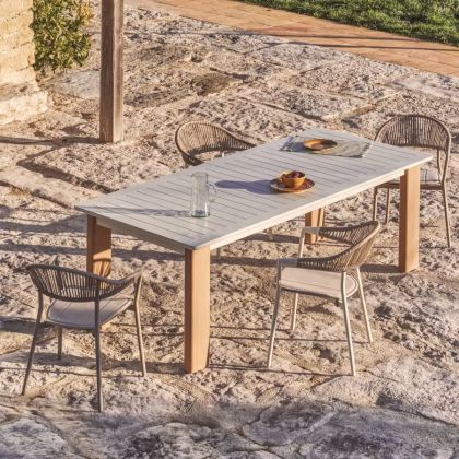 Mesa Extensible Aluminio Beige Patas Acero Efecto Madera, 233/350 Cm