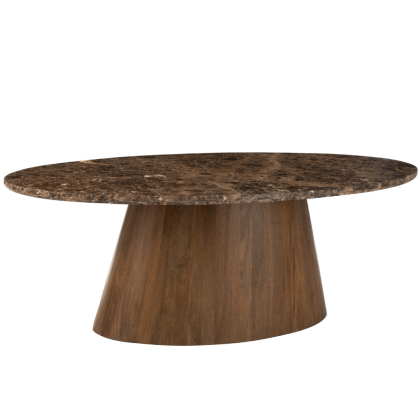 Mesa de comedor ovalada diseño moderno en mármol y madera de mango marrón.
