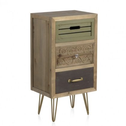 Mesita De Noche Vintage 3 Cajones Madera Abeto Natural Metal, 40 cm 