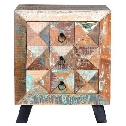 Mesita De Noche Madera Reciclada Multicolor Pies Hierro