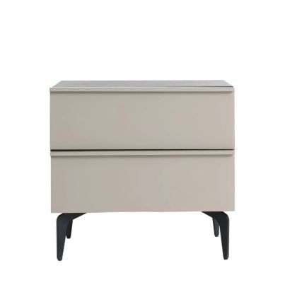 Mesita de noche diseño moderno en madera contrachapada gris, chapa de roble marrón y hierro negro.