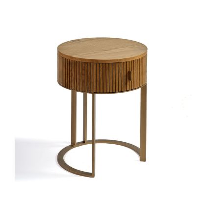 Mesita Noche Redonda Roble Metal Dorado, 45 Ø