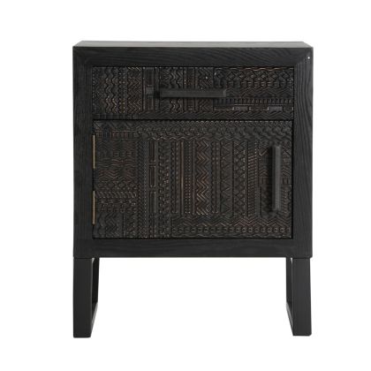 Mesita de Noche Tallada Antrim Estilo Étnico-Oriental Gris Negro Madera Fresno Hierro, 45 Cm