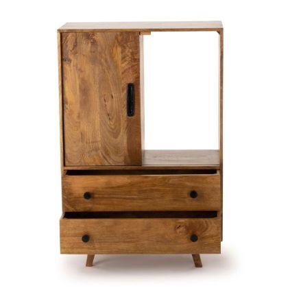 Aparador industrial en madera de mango natural con tiradores de hierro negro.