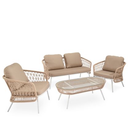 Conjunto de jardín tropical un sofá, sillones y una mesa de centro en cuerda, acero blanco y cristal templado.