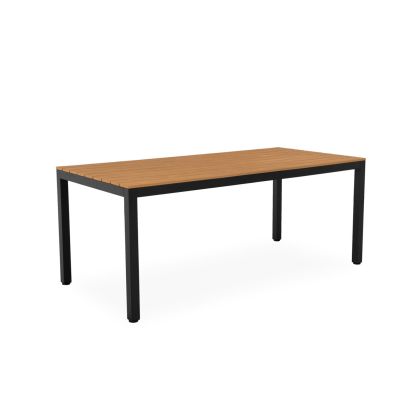 Mesa de comedor exterior nórdica en polimadera natural y aluminio negro.