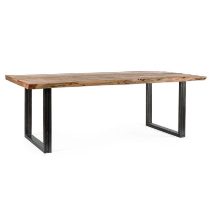 Mesa de comedor industrial en madera de acacia, madera reciclada natural y patas de acero negro.