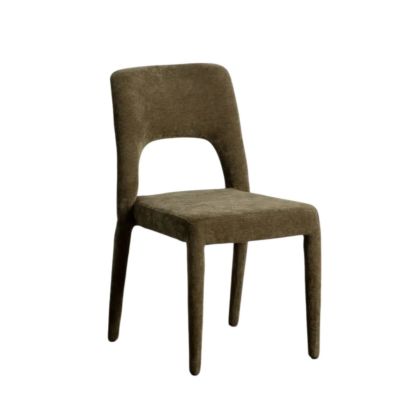Silla apilable moderna en metal tapizado en tejido verde de tacto suave.