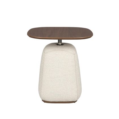 Mesa auxiliar mid-century en madera mdf marrón con base de acero tapizado en chenilla blanco roto.