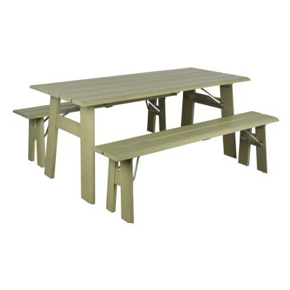 Set mesa de comedor exterior nórdico en madera contrachapada verde.