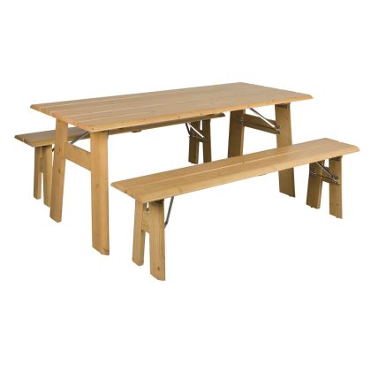 Set mesa de comedor exterior nórdico en madera contrachapada natural.