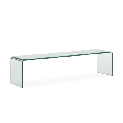 Mueble de TV moderno en cristal transparente.