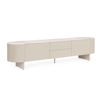 Mueble de TV en cerámica efecto ónice y acero beige claro.