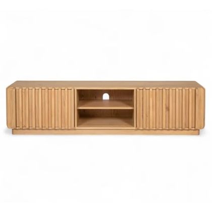 Mueble de TV nórdico en madera de roble natural 2 puertas y 2 estantes abiertos.