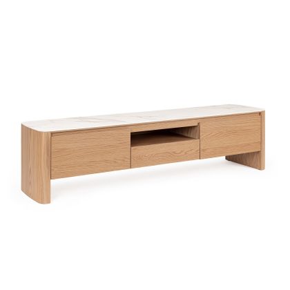 Mueble de TV en madera de roble natural con sobre de cerámica blanco.