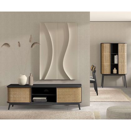 Mueble TV 2 Puertas Madera Negro Ratán Natural, 160 cm