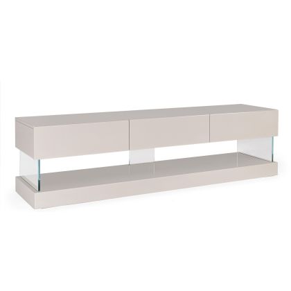 Mueble de TV en DM beige y vidrio templado.