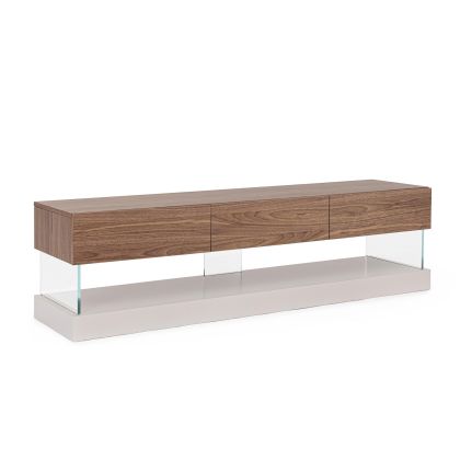 Mueble de TV en madera de nogal y vidrio templado.