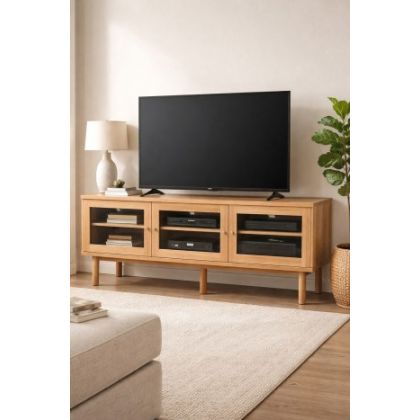 Mueble TV 3 Puertas Madera Natural Cristal, 140 cm