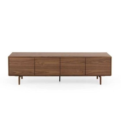 Mueble de TV en chapado de nogal, melamina y madera de caucho marrón.