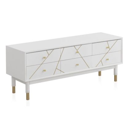Mueble TV 6 Cajones Lacado Blanco Oro, 120 Cm