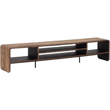 Mueble de TV en madera de teca reciclada marrón y patas de metal negro.