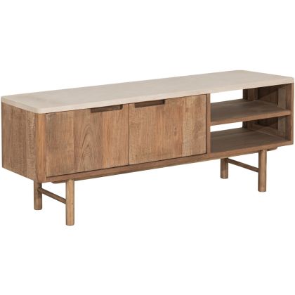 Mueble de TV en madera de teca reciclada natural y sobre en mortero blanco.