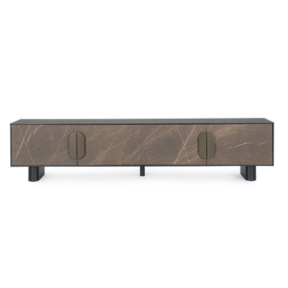Mueble TV de diseño moderno con estructura de madera de roble negro y frontal de cerámica en cerámica marrón.
