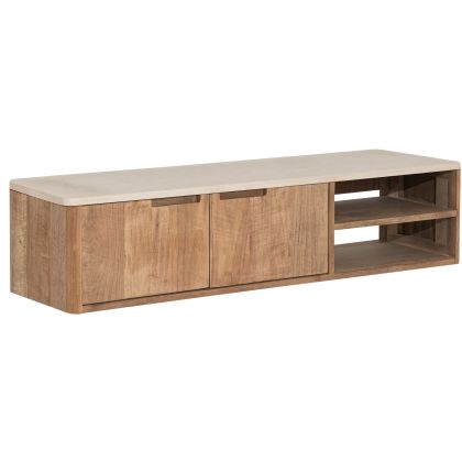Mueble de TV en madera de teca reciclada natural y sobre en mortero blanco.