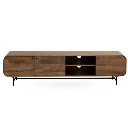 Mueble de TV en madera de mango natural y metal negro.
