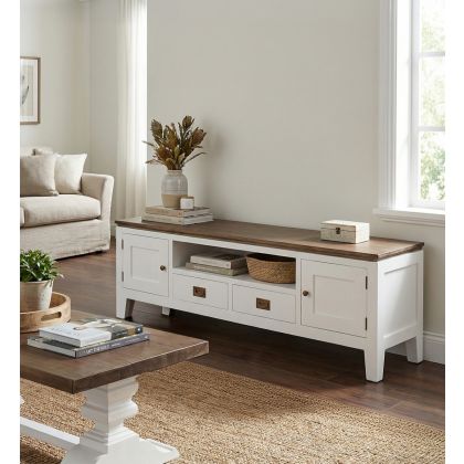 Mueble de TV en madera de mindi blanco y marrón con hierro bronce.