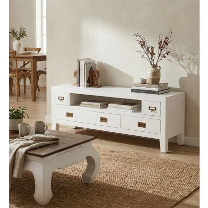 Mueble de TV en madera de mindi blanco con hierro  bronce.