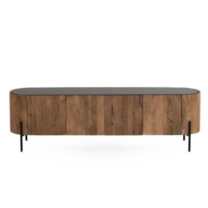 Mueble de TV en madera de mango marrón y sobre negro con patas metálicas negras.