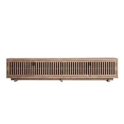 Mueble de TV nórdico en madera de mango marrón arenado.