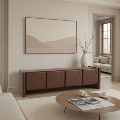 Mueble de TV en chapa de nogal marrón con 4 puertas.