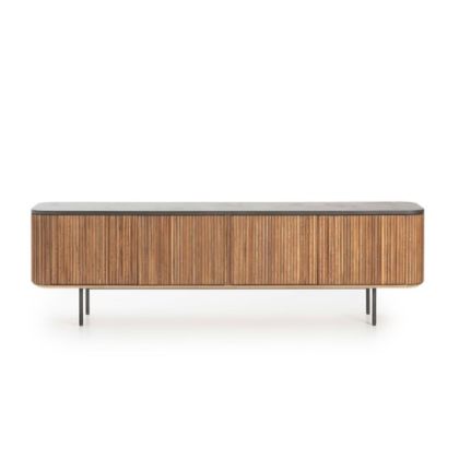 Mueble de TV en madera de teca reciclada natural, sobre de microcemento antracita y patas de acero.