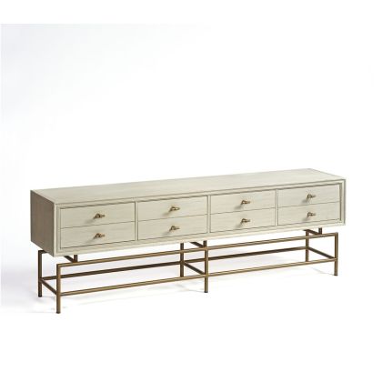 Mueble de TV en madera de roble blanca grisácea y metal dorado envejecido 180,5 cm