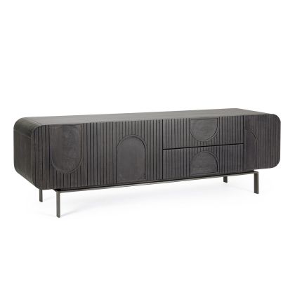 Mueble de TV en madera de mango y acero negro.
