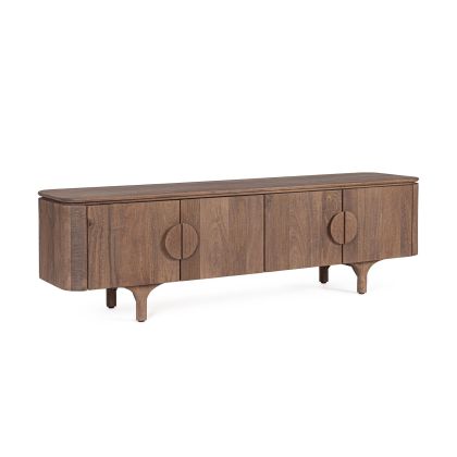 Mueble de TV en madera de mango marrón.