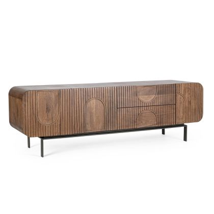 Mueble de TV en madera de mango marrón y acero negro.