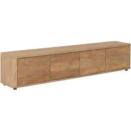 Mueble de TV en madera de teca natural con 4 puertas abatibles.