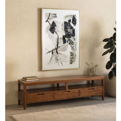 Mueble de TV en madera de caoba marrón con 3 cajones.