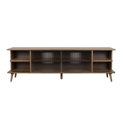 Mueble de TV en chapa de nogal marrón y puertas de cristal.