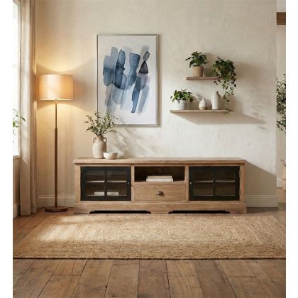 Mueble de TV en madera de mindi natural y negro con hierro bronce.