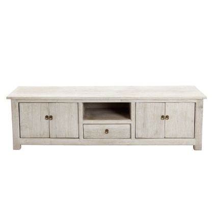 Mueble de TV 4 puertas en madera de olmo reciclada blanco envejecido.
