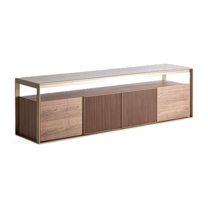 TV Stand Wood Brown Tones Glass Gold Steel, 200 Cm
