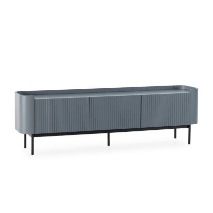 Mueble de TV en mdf azul y metal negro.