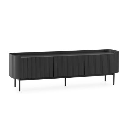 Mueble de TV en mdf negro y metal negro.